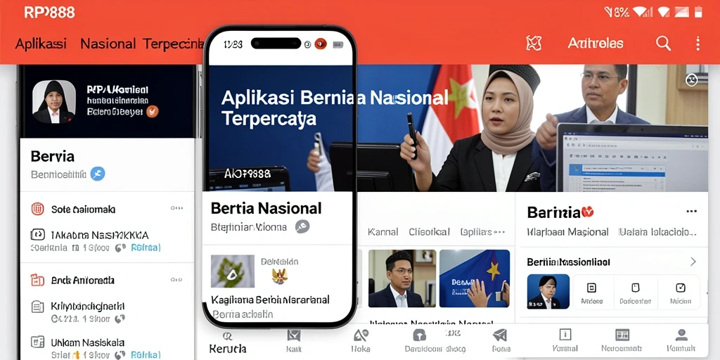 Tampilan antarmuka aplikasi RP888 berisi berita nasional terkini.